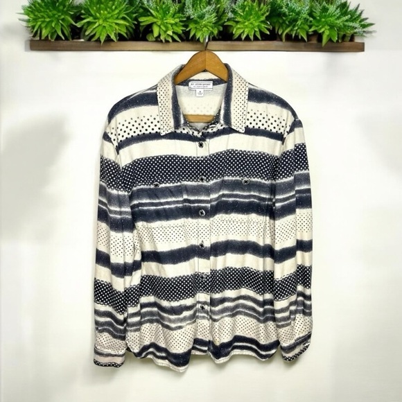 St. John Sport Marie Gray Mixed Print Striped Button Up Collard Blouse - Picture 1 of 12